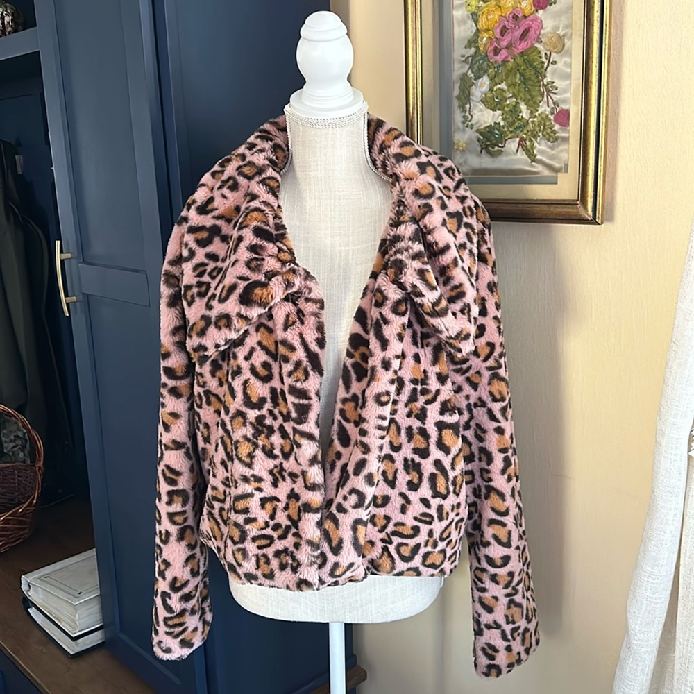 CANDIES PINK LEOPARD FUR CROP JACKET SIZE L COQUETTE Y2K ANIMAL PRINT